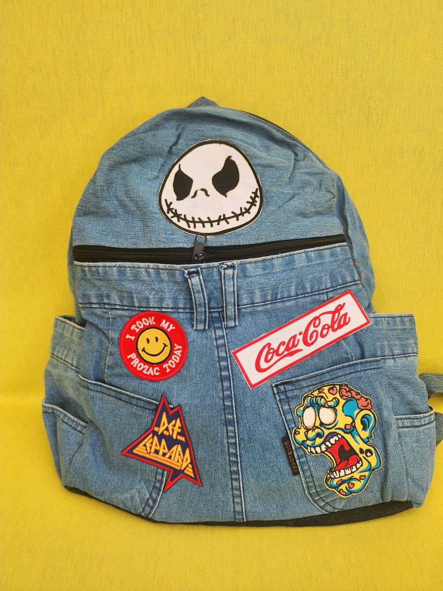 Denim backpack shop with patches