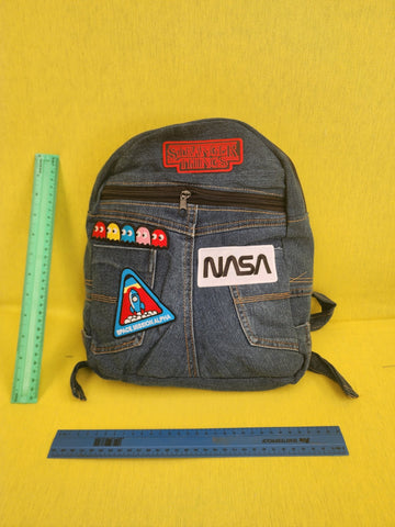 Recycled Denim Backpack small with patches