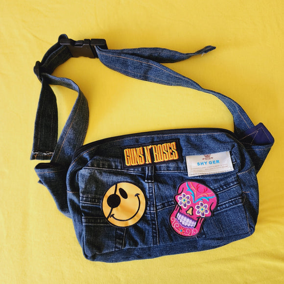 Recycled Denim moonbag with patches - Kwaitokoeksister South Africa