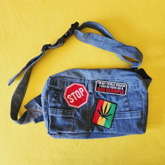 Recycled Denim Moonbag with patches - Kwaitokoeksister South Africa