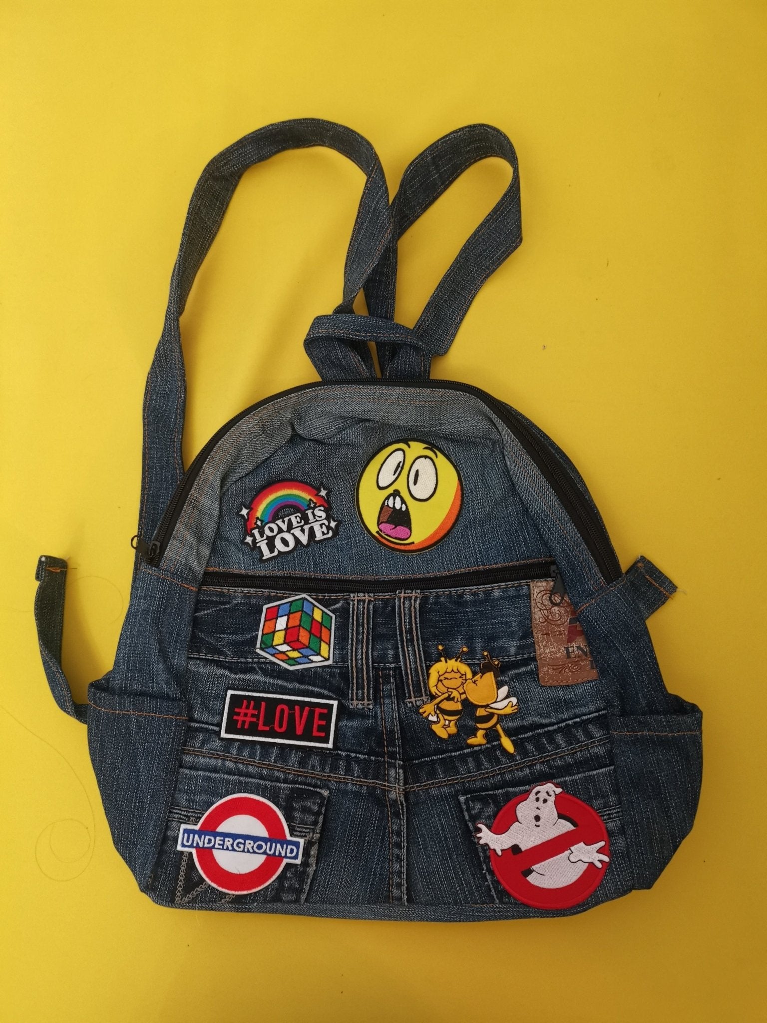Recycled Denim small backpack with patches